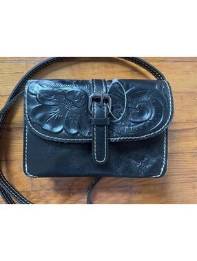 Patricia Nash Black Tooled Leather Floral Flap Crossbody Bag Vintage Style Purse